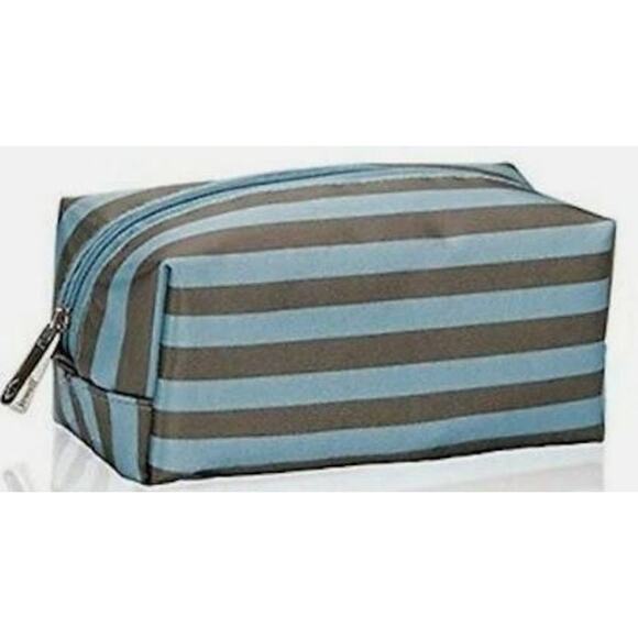 Jewell by Thirty One Uptown Mini Pouch Makeup Blue Black Stripe Zipper Shiny - Picture 1 of 10